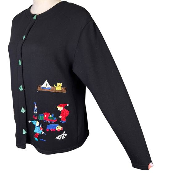 Karen Scott Black Christmas Embroidered and Embellished Button Up Cardigan - Picture 4 of 11
